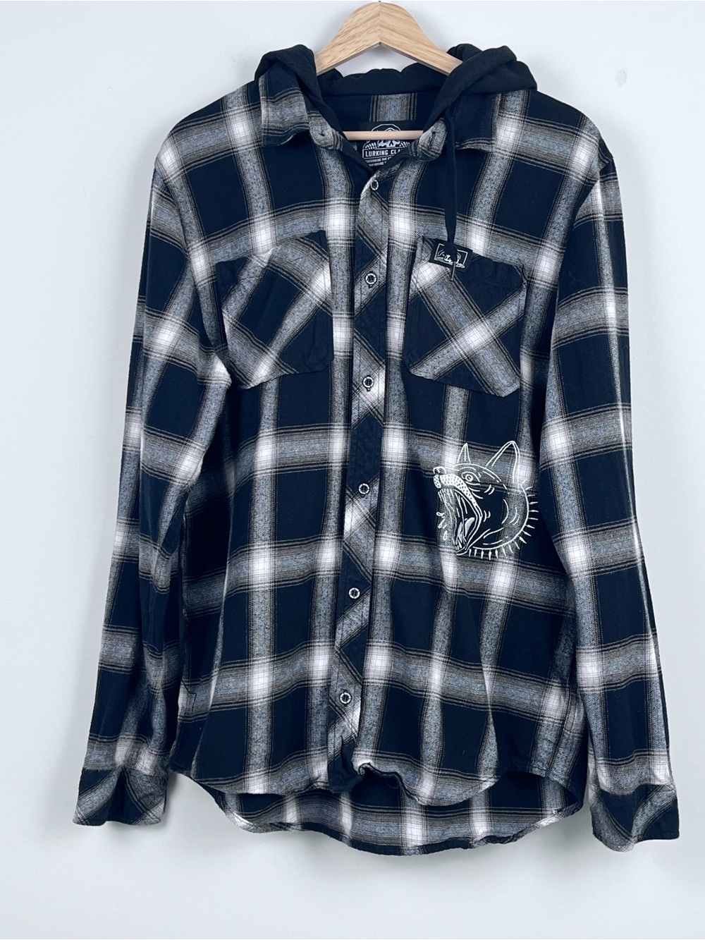 Lurking Class Men's Black Plaid K9 Hooded Shacket Size L Embroidered Logo Grunge